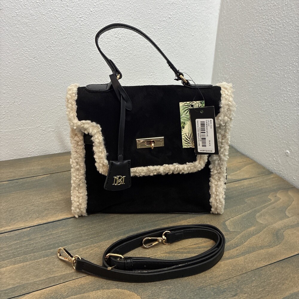 Badgley Mischka NWT Shearling Faux Fur Satchel Crossbody Black Handbag(ST)